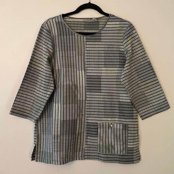 Chico's Navy White Striped Elbow Length Sleeve Top Women's size 1 / Medium / 8 - Picture 1 of 9